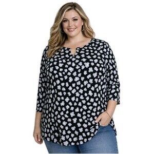 NWOT IMAN GLOBAL CHIC Womens 1X Career Animal 3/4 Sleeve Black Tunic Top 685793